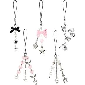 5PCS Cute Phone Charms Aesthetic Y2K Cell Phone Charms Strap Pink Butterfly Star Smile Heart Charm Y2K Accessories for Keychain Airpods Camera Pendants Decor