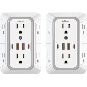 2 Pack Wall Charger, Surge Protector 6 Outlet Extender Multi Plug Wall Outlets with 4 USB Charging Ports (2 USB C Outlet) 3 Sided 1050J Power Strip Wall Adapter Spaced for Home Travel Office