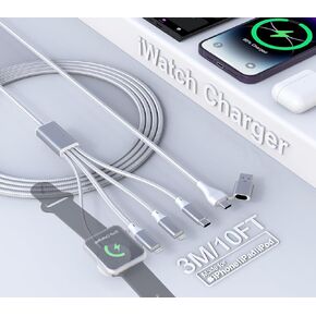 Multiple Chargers Cord for Apple Watch Charger - 10FT USB & USB C 2 in 1 Multi Charging Cable Nylon Travel Charger for iWatch Ultra 2/SE 2/10/9/8/7/6/5/4, iPhone 16/15/14/13/12/11, iPad, Android
