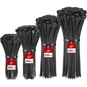 500 Pack Black Zip Ties Heavy Duty Assorted Sizes, 8+12+14+18 Inch Cable Ties, 220lbs Ultra Strong Tensile Strength, Industrial Plastic Ties Wrap Assortment Cord Management for Outdoor Use