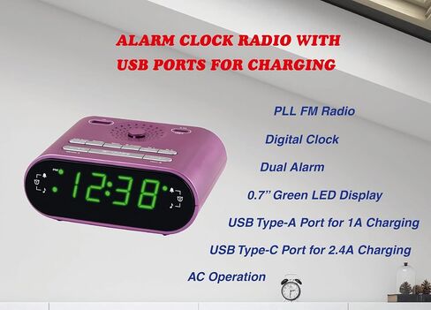 HANNLOMAX HX-158CR Alarm Clock Radio, FM Radio, 0.6" LED Display, 1 USB Port for 1A Charging & 1 USB Port for 2.4A Type-C Charging, AC Operation only (Pink) in Saudi Arabia