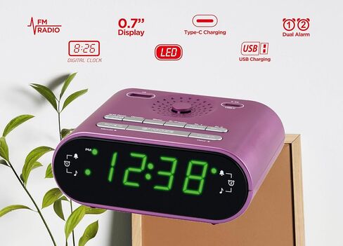 HANNLOMAX HX-158CR Alarm Clock Radio, FM Radio, 0.6" LED Display, 1 USB Port for 1A Charging & 1 USB Port for 2.4A Type-C Charging, AC Operation only (Pink) in Saudi Arabia