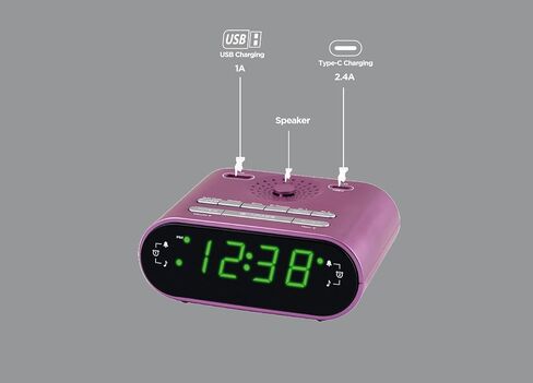 HANNLOMAX HX-158CR Alarm Clock Radio, FM Radio, 0.6" LED Display, 1 USB Port for 1A Charging & 1 USB Port for 2.4A Type-C Charging, AC Operation only (Pink) in Saudi Arabia