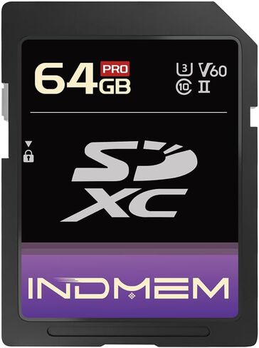 Indmem 64GB SD CARD UHS-II V60 U3 SDXC CARMED ، سرعة عالية ، اقرأ ما يصل إلى 280 ميجابايت/ثانية ، V60 بطاقات الذاكرة للكاميرا الاحترافية 4K/6K in Kuwait