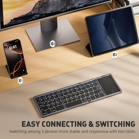 لوحة مفاتيح بلوتوث قابلة للطي مع لوحة اللمس ، لوحات مفاتيح محمولة قابلة للطي مع حامل حامل ، لوحة مفاتيح سفر فائقة النحافة لجهاز Android Windows iOS ، بحجم الجيب ، الأسود in Kuwait