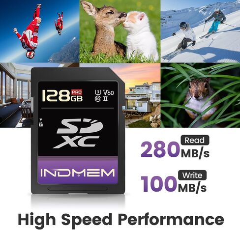 Indmem 64GB SD CARD UHS-II V60 U3 SDXC CARMED ، سرعة عالية ، اقرأ ما يصل إلى 280 ميجابايت/ثانية ، V60 بطاقات الذاكرة للكاميرا الاحترافية 4K/6K in Kuwait