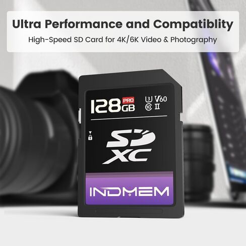 Indmem 64GB SD CARD UHS-II V60 U3 SDXC CARMED ، سرعة عالية ، اقرأ ما يصل إلى 280 ميجابايت/ثانية ، V60 بطاقات الذاكرة للكاميرا الاحترافية 4K/6K in Kuwait