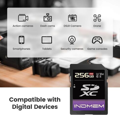 Indmem 64GB SD CARD UHS-II V60 U3 SDXC CARMED ، سرعة عالية ، اقرأ ما يصل إلى 280 ميجابايت/ثانية ، V60 بطاقات الذاكرة للكاميرا الاحترافية 4K/6K in Kuwait