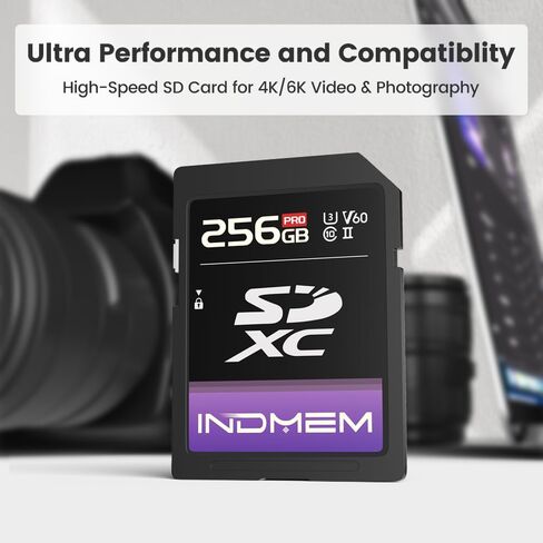 Indmem 64GB SD CARD UHS-II V60 U3 SDXC CARMED ، سرعة عالية ، اقرأ ما يصل إلى 280 ميجابايت/ثانية ، V60 بطاقات الذاكرة للكاميرا الاحترافية 4K/6K in Kuwait