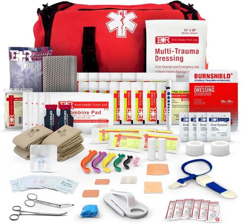 First Responder Trauma First Aid Kit Bag – Fully Stocked Emergency Medical Kit for Workplace, Vehicle & Home – OSHA & ANSI Compliant – Portable – Red in Kuwait