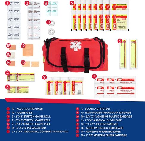 First Responder Trauma First Aid Kit Bag – Fully Stocked Emergency Medical Kit for Workplace, Vehicle & Home – OSHA & ANSI Compliant – Portable – Red in Kuwait