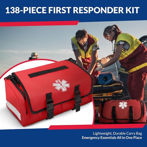 First Responder Trauma First Aid Kit Bag – Fully Stocked Emergency Medical Kit for Workplace, Vehicle & Home – OSHA & ANSI Compliant – Portable – Red in Kuwait