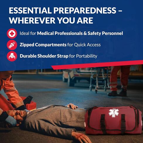 First Responder Trauma First Aid Kit Bag – Fully Stocked Emergency Medical Kit for Workplace, Vehicle & Home – OSHA & ANSI Compliant – Portable – Red in Kuwait