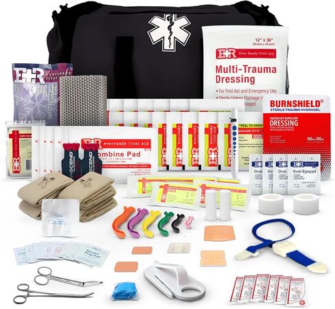 First Responder Trauma First Aid Kit Bag – Fully Stocked Emergency Medical Kit for Workplace, Vehicle & Home – OSHA & ANSI Compliant – Portable – Red in Kuwait