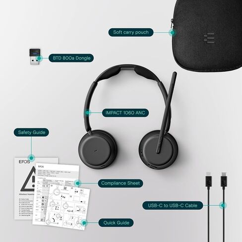 EPOS Impact 1060 ANC Professional Bluetooth Headset for PC - Double-Sided, Premium Noise-Canceling Mic, AI, Intuitive Controls, Super Wideband Audio, Ideal for Focused Work in Noisy Office in Kuwait