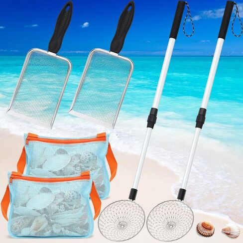 Liliful 6 Pcs Shelling Tools for Beach Include 2 Beach Sand Sifter with Adjustable Handle 2 Beach Mesh Shovel Sand Scoop 2 Mesh Shell Collecting Bag for Picking up Shell Shark Teeth Toy (Pink, Blue) in Saudi Arabia