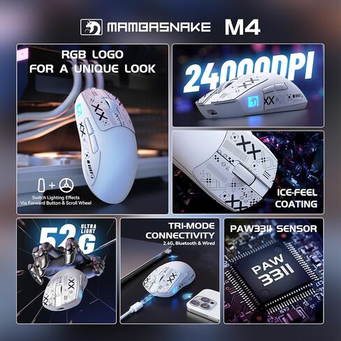 M4 Ultra-Light Wireless Gaming Mouse 52g, 24000 DPI PAW3311 Optical Sensor,2.4G/BT/Wired Ergonomic Computer Mice, RGB Lighting,400mAh Battery，Programmable Mouse for PC/Win/MAC-White &Tape in Saudi Arabia