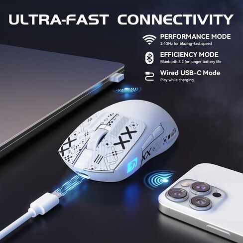 M4 Ultra-Light Wireless Gaming Mouse 52g, 24000 DPI PAW3311 Optical Sensor,2.4G/BT/Wired Ergonomic Computer Mice, RGB Lighting,400mAh Battery，Programmable Mouse for PC/Win/MAC-White &Tape in Saudi Arabia