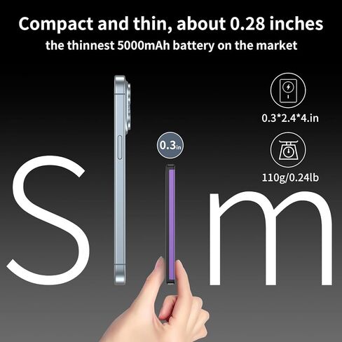 Magnetic Portable Charger Magnetic 5000mAh Ultra SlimforMagSafe Battery Pack, 0.3in3.9oz Mini Wireless Power Bank with 20W PD USB-C Two-Way Charging, Compatible for iPhone 15/14/13/12 Series(Violet) in Saudi Arabia