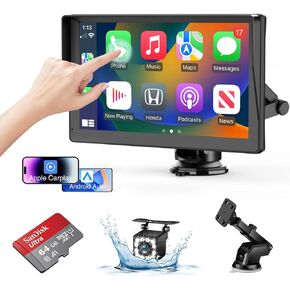 Portable Wireless Carplay Screen for Car Apple Carplay & Android Auto, 9" HD Touch Screen Car Stereo with 1080P Backup Camera/GPS Navigation/Mirror Link/Voice Control/Aux/TF Card Fits Cars