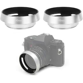 2pcs 43MM Lens Hood, Aluminum Alloy Silver Lens Hood with Lens Cap Replacement Anti Reflective Lens Cap for Branded Camera Lenses