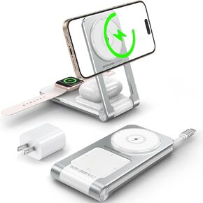 3 in 1 Magnetic Wireless Charger,Foldable Charging Station Built-in Retractable Cable,15W Portable Wireless Charging Stand for iPhone 16 15 14 13 12,Apple Watch,AirPods (20W Adapter) (White)
