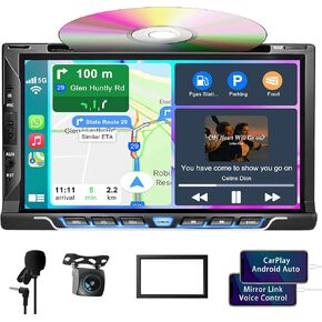 ستيريو مزدوج سيارة DIN مع CD/DVD Player- Carplay & Android Auto ، صوت سيارة مع Bluetooth ، شاشة لمس عالية الدقة 7 بوصة ، الكاميرا الخلفية ، USB/TF/AUX ، AM/FM ، جهاز استقبال الراديو تحت الصوت