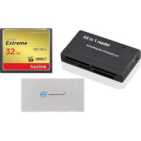 SanDisk Extreme 32GB CompactFlash CF Memory Card for Nikon D300, D300S, D810, Digital DSLR Cameras HD UDMA 7 (SDCFXSB-032G-G46) Bundle with Everything But Stromboli Microfiber Cloth and Combo Reader