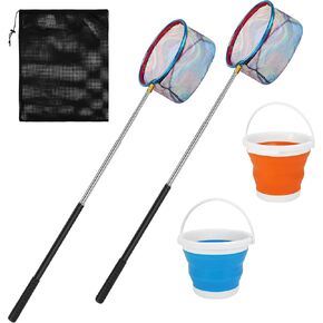 2PACK Kids Fishing Landing Net and Bucket Set, 59in Lightweight Butterfly Fishing Nets with Telescopic Pole, Non-Slip Handle, Foldable Bucket for Beach,Pond,Park,Outdoor Catch and Release