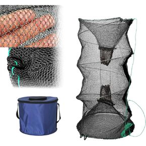 Minnow Trap with Foldable Fishing Net (11x24 Inch) & Collapsible Fish Bucket - Crab, Crawfish, Shrimp Trap for Freshwater Saltwater Fishing