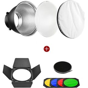 Soonpho 7" Standard Reflector Diffuser Lamp Shade Dish with White Soft Cloth and Soonpho BD-04 Barn Door with Honeycomb Grid and 4 Color Gel Filters