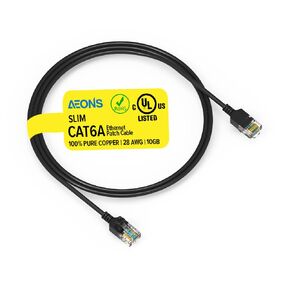 AEONS Cat 6A Slim Ethernet Patch Booted Cable 2 ft 10Gbps RJ45 Snagless LAN Patch Cords, 100% Pure Copper Wire Cat6a High Speed Router Modem Computer Wire Gaming, Gold Plated UL Listed, Black