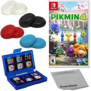 Pikmin 4 for Nintendo Switch (US Version), with PremGear Thumb Grips (8 pack - Black, Blue, Red & Clear), 24 Slot Game Card Holder & Cleaning Cloth