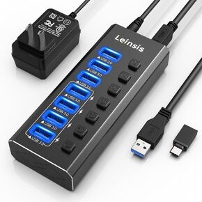 Powered USB Hub 3.0, Leinsis 7-Port USB 3.0 Hub [Durable Aluminum] 7 Data Transfer Ports+ 4 Smart Charging Ports with Individual On/Off Switches, USB Hub 3.0 Powered with Power Adapter for Laptop PC