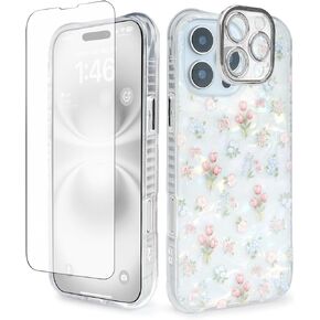 Cute Tulip Flowers Bow Shell Pattern for iPhone 14 Case, [3 in 1] with Screen Protector & Camera Lens Protector, Clear Soft Shockproof Slim Fit Floral Phone Cover for Women (White)