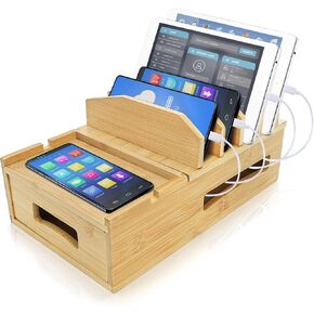 ZOOFOX Bamboo Charging Station for Multiple Devices, Desk Docking Station with Removable Divider Slots and Drawer, Bedside Charging Station Compatible with Smartphone, Tablet, Laptop, Earphone