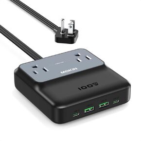 Charging Station,100W GaN USB-C Power Strip with Surge Protector, 6 in 1 Desktop Charger for MacBook Pro/iPhone 16 Pro/Chromebook, Flat Plug & 5ft Extension Cord