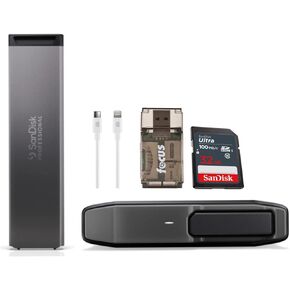 SanDisk Professional Pro-Blade Transport 2TB Portable External Hard Drive (Dark Gray) Bundle with SanDisk 2TB SSD Mag, 32GB Memory Card, Charge Cable (6-Feet), and USB Card Reader (4 Items)