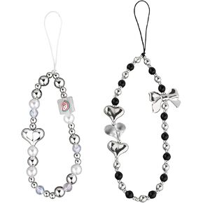 2pcs Bow Heart Beaded Phone Bracelet Straps, 2 Sizes Anti-Lost Silver Wristband Mobile Wrist Wristlet Lanyard Keychains Pendant Chian for Women Wallets Cameras Decoration Accessories