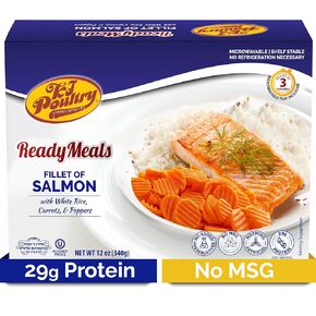 KJ Poultry Kosher Ready Meals - Salmon Fillet Fish, Parve MRE Meal Ready to Eat, Protein Food, Halal, (6 Pack) Prepared Entree Fully Cooked, Shelf Stable Microwave Dinner, Travel, Military, Camping