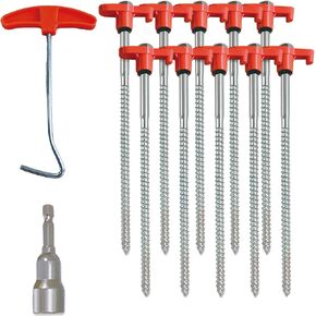 10-Pack 8" Heavy Duty Screw in Tent Stakes, Drill-in Non-Rust Ground Anchor Pegs, Metal Tent Accessories for Camping, Garden, Hiking, Orange