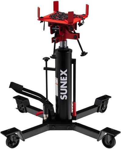 Sunex Tools 7793B 1,000 lb Telescopic Transmission Jack, Hydraulic, Foot Pump Operated, Tilt Saddle with Chain Tie-Down, 74.2 in Max Height in Saudi Arabia