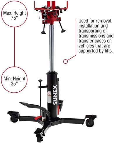 Sunex Tools 7793B 1,000 lb Telescopic Transmission Jack, Hydraulic, Foot Pump Operated, Tilt Saddle with Chain Tie-Down, 74.2 in Max Height in Saudi Arabia