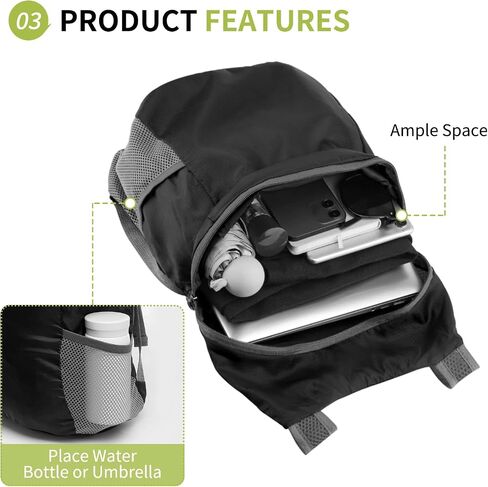 20L Ultra Heaking-Daypack Lightweight Travel Packpack يمكن تعبئتها للتخييم في الهواء الطلق ، أسود in Kuwait