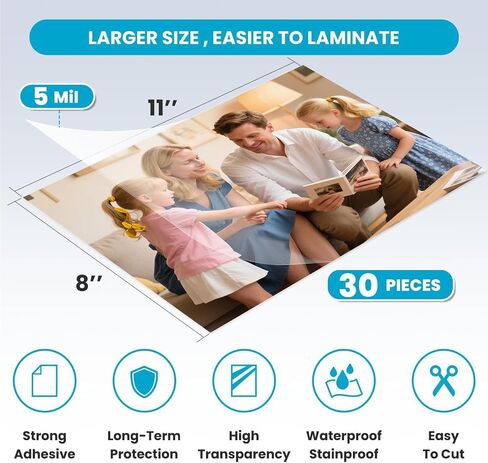 【5 Mil】 Self Adhesive Laminating Sheets, 8 x 11 Inch Laminate Sheets, 30 Pack No Heat Laminating Sheets, Self Sealing Laminating Sheets for Laminator, Round Corner, No Heat, No Machine Needed in Saudi Arabia