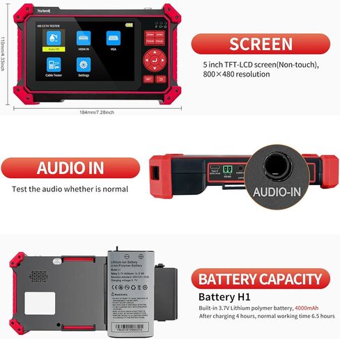 Rsrteng CCTV Tester Monitor Auto HD Coaxial Camera Tester 4K 8MP TVI/CVI/AHD/CVBS Analog Video Monitor 4.3 inch TFT-LCD Screen PTZ Control RS485 Call OSD Menu Audio DC12V Power Output in Saudi Arabia