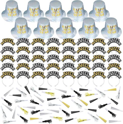 Shappy 100 Pcs New Years Eve Party Supplies 2024 New Year Party Kit Includes 10 Top Hats 25 Tiaras Headbands 50 Noisemakers in Kuwait