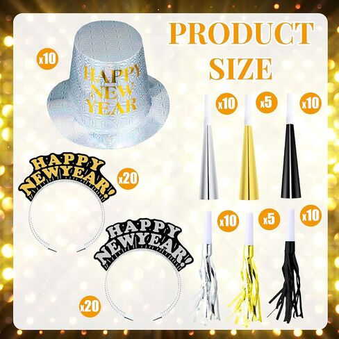 Shappy 100 Pcs New Years Eve Party Supplies 2024 New Year Party Kit Includes 10 Top Hats 25 Tiaras Headbands 50 Noisemakers in Kuwait