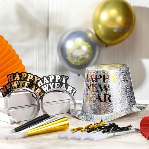 Shappy 100 Pcs New Years Eve Party Supplies 2024 New Year Party Kit Includes 10 Top Hats 25 Tiaras Headbands 50 Noisemakers in Kuwait