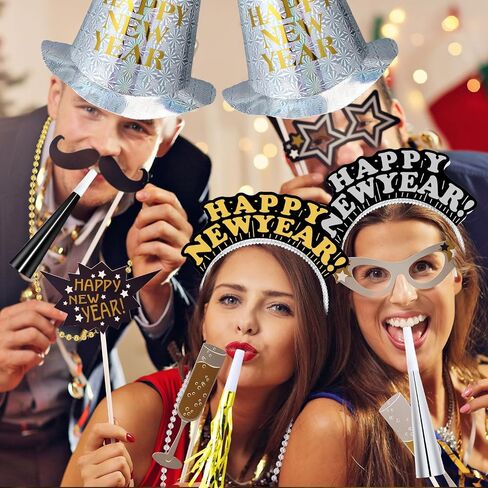 Shappy 100 Pcs New Years Eve Party Supplies 2024 New Year Party Kit Includes 10 Top Hats 25 Tiaras Headbands 50 Noisemakers in Kuwait